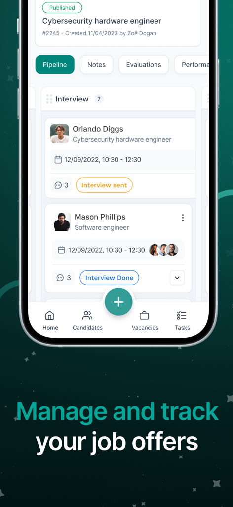 Wiggli Client - Wiggli Client App-Oberfläche, die die Bewerberpipeline und Interviewstatus anzeigt