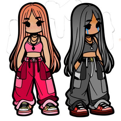 girl in baggy pants crop top and long hair