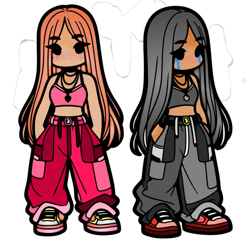 girl in baggy pants crop top and long hair