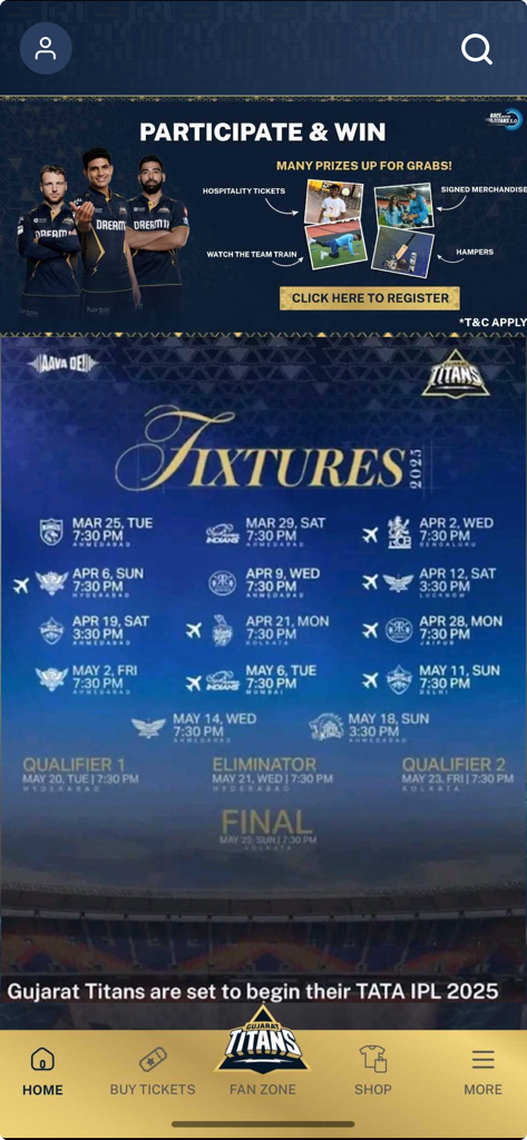 Titans FAM - Gujarat Titans FAM app screen showing IPL 2025 match fixtures and reward opportunities