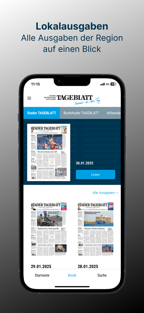 Una pantalla de smartphone que muestra la vista de quiosco con varias ediciones de periódicos locales en la aplicación E-Paper TAGEBLATT.