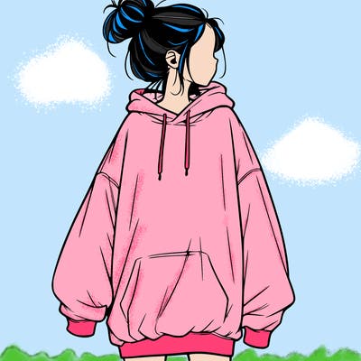 realistic girl with a oversized sweatshirt on and a bun