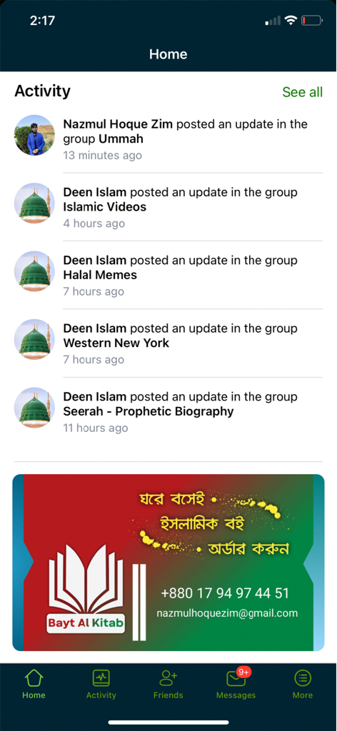 Alfafaa Community - Activity feed on the Alfafaa Community app home screen featuring group updates and a community advertisement