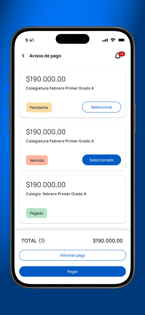 fidu - Pantalla de avisos de pago de la escuela en la aplicación fidu que muestra los estados pendiente y pagado