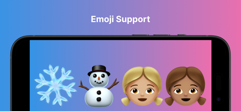Smartphone exibindo emojis grandes em um fundo degradê ilustrando o recurso de suporte a emoji do aplicativo Texto Grande Tela Cheia.