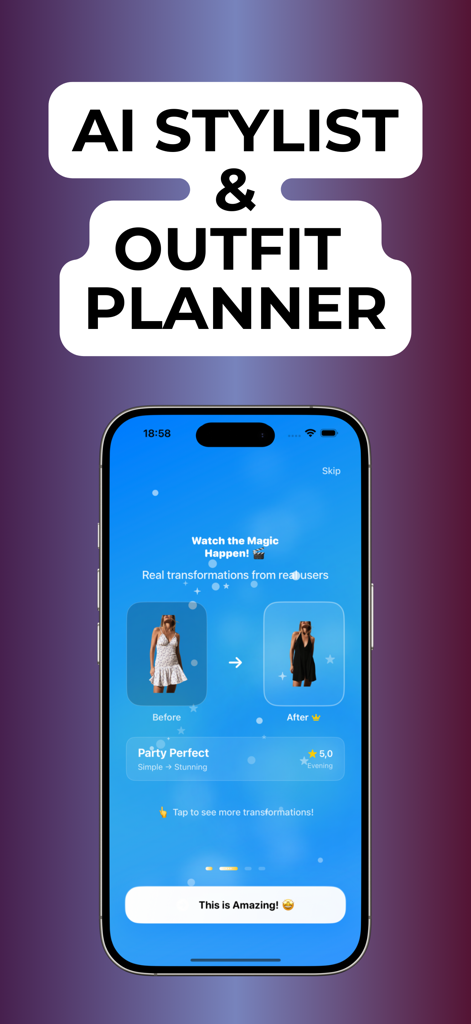Clothes Changer - AI Generator - AI Stylist and Outfit Planner app screen showing a dress transformation from white to black.