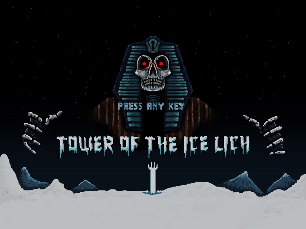 Tower Of The Ice Lich - Pantalla del título del juego Tower Of The Ice Lich con una figura esquelética gigante y montañas nevadas.