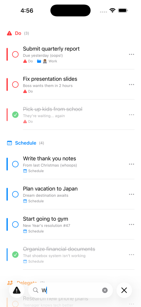(nothing) To Do - Screenshot der Benutzeroberfläche der nothing to do-App, der Aufgaben zeigt, die mit der Eisenhower-Matrix in die Kategorien 'Erledigen' und 'Planen' priorisiert wurden