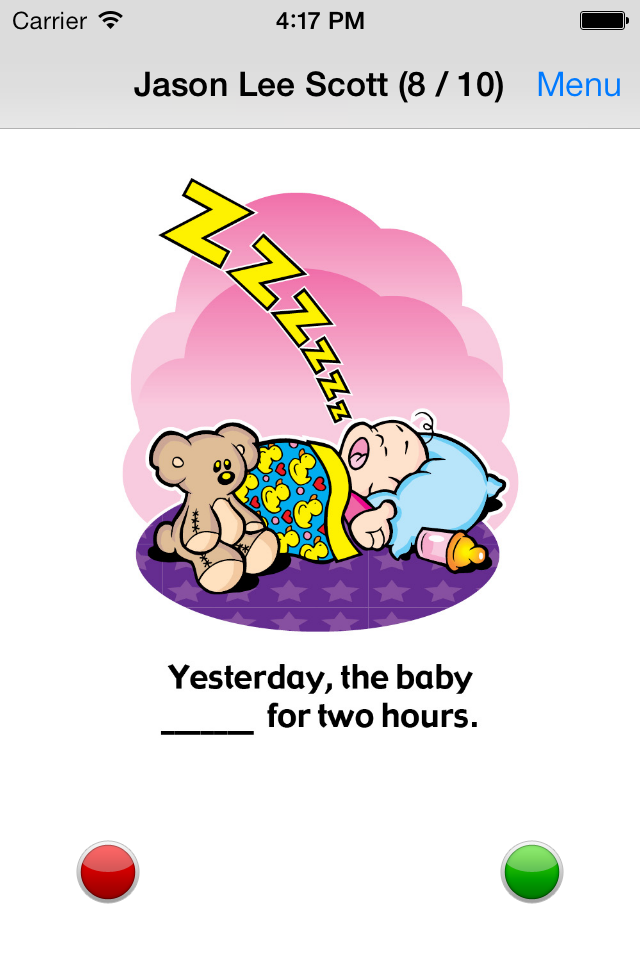 Irregular Verbs Fun Deck - Educational app screen showing a colorful illustration of a sleeping baby with a fill in the blank irregular verb sentence exercise.