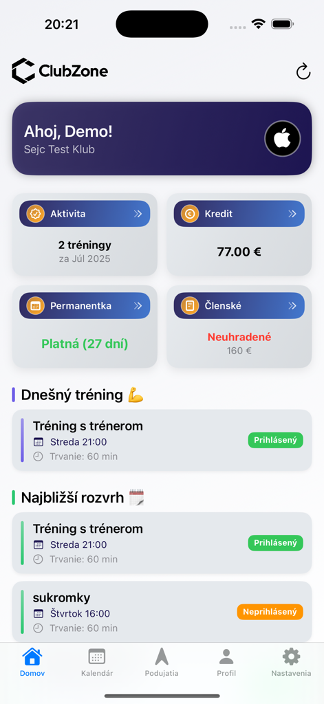 ClubZone Student app dashboard showing athlete training schedule and account balance.