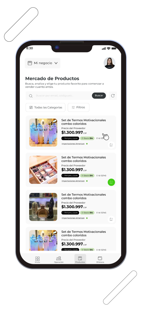 Interface do aplicativo Mastershop mostrando uma lista de produtos disponíveis para dropshipping