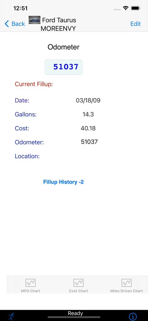Vehicle Log - Tela do aplicativo Log de Veículo mostrando a leitura do hodômetro e os detalhes do registro de abastecimento para um Ford Taurus