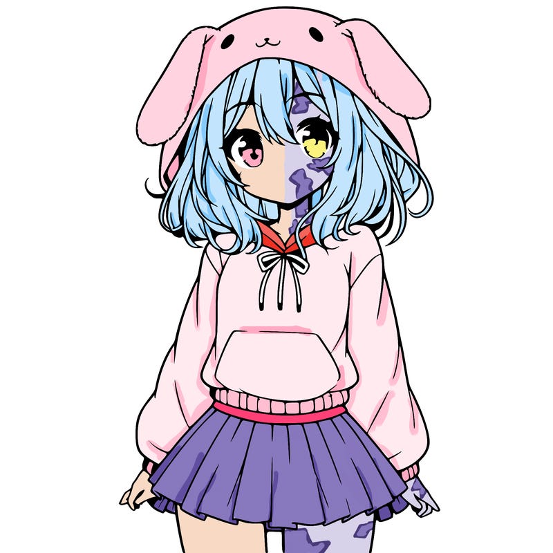 pretty anime girl wearing a fluffy hoodie with bunny ears on the hood and a skirt