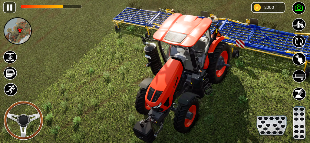 Farming Simulator Driving Game - Top down view of a red tractor with a blue attachment driving on a green field in a farming simulation game