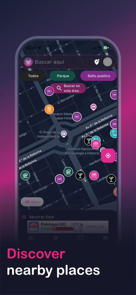 Cruizer - Map view in the Cruizer app showing nearby urban locations and social spots for users to discover.