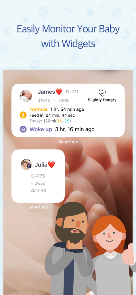 BabyTime (Record & Analysis) - 授乳や睡眠のモニタリング詳細を表示したiPhone画面上のBabyTimeアプリウィジェット