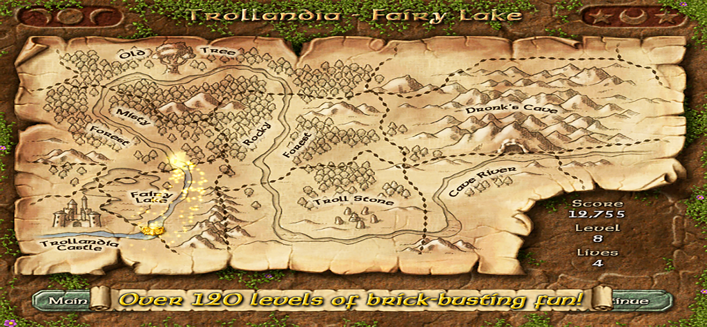 Fairy Treasure - Brick Breaker - A fantasy parchment world map showing levels and progression in Fairy Treasure Brick Breaker.