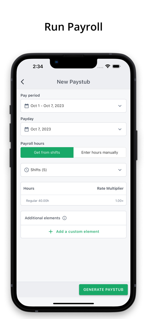 DoEmploy: Payroll & Attendance - Interface of the DoEmploy app showing the steps to generate a new employee paystub including pay period and hours