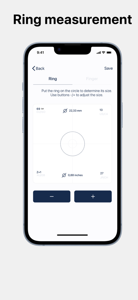 Ring Sizer - Ring Measure app - Mobile app interface showing a digital ring sizer with measurement units in millimeters and inches