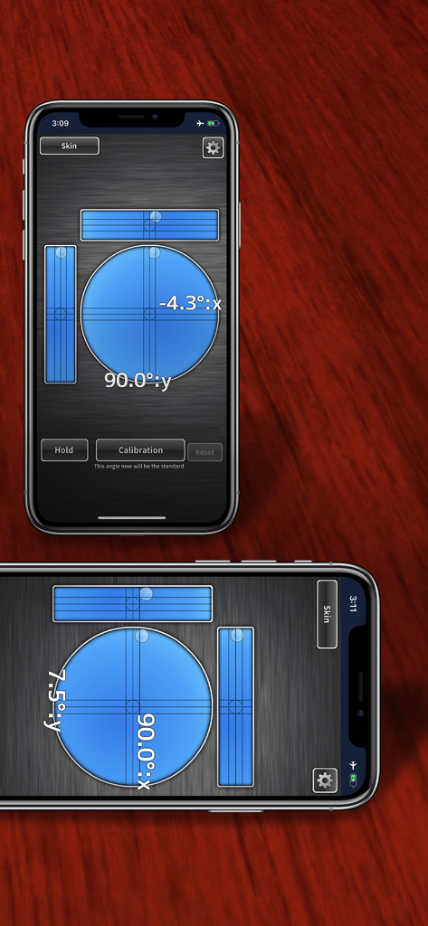 level gauge pro - Interface of the level gauge pro app on two iPhones showing digital spirit levels and angle readings