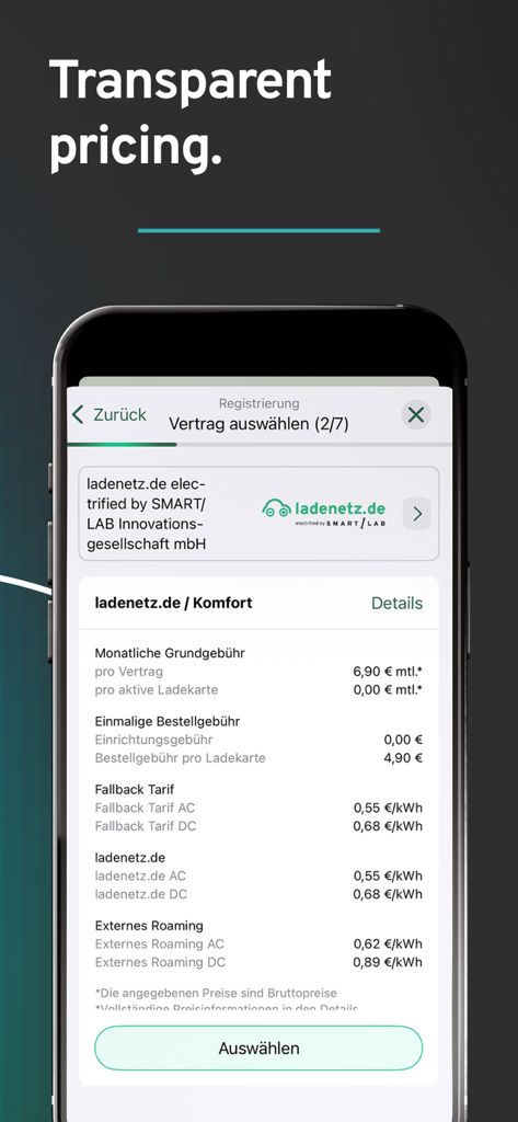 ladeapp – EV charging stations - ladeapp interface showing transparent pricing and electric vehicle charging contract details