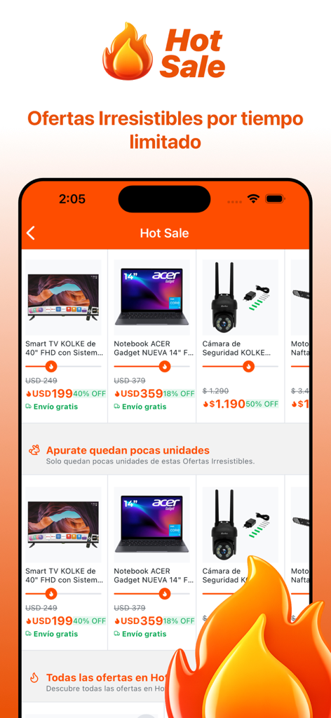 Pantalla de la aplicación LOi que muestra ofertas "hot sale" por tiempo limitado en electrónica, incluyendo televisores inteligentes y portátiles