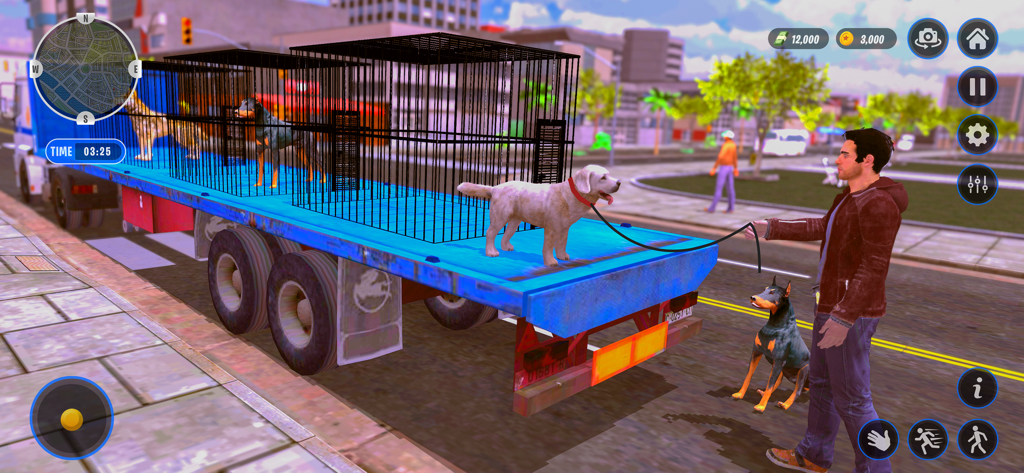 Animal Shelter Pet Dog Rescue - Un personaggio che conduce un cane salvato su un camion di trasporto con gabbie in un ambiente cittadino