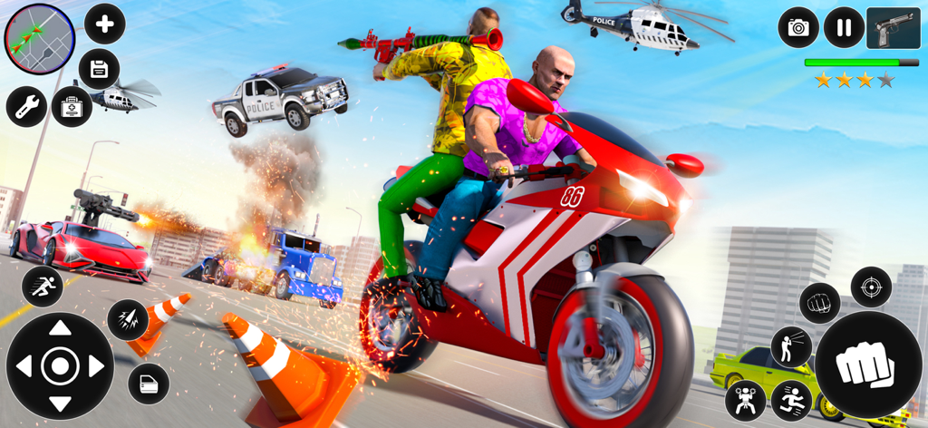 City Gangster Prison Escape - Action gameplay of City Gangster Prison Escape featuring a motorcycle chase with police helicopters and explosions