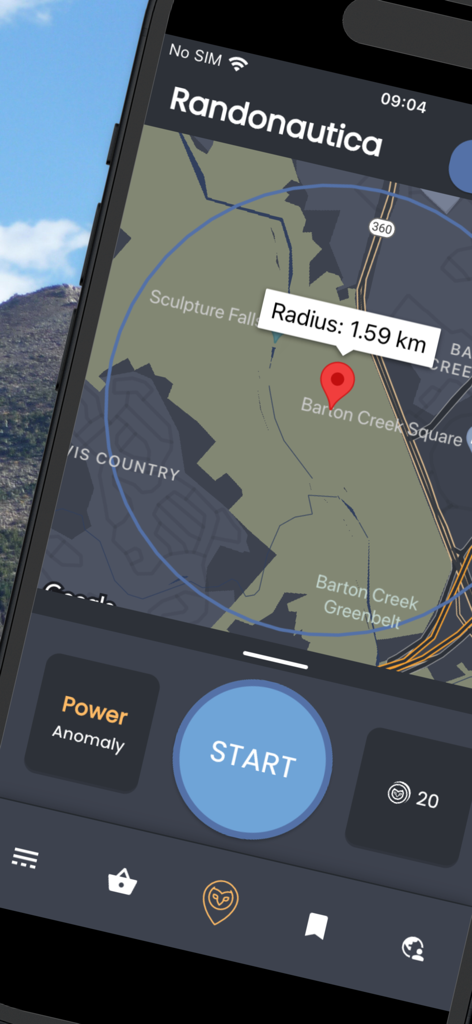 Interface de l'application Randonautica montrant une carte avec un rayon de recherche et un bouton de démarrage pour trouver des anomalies quantiques