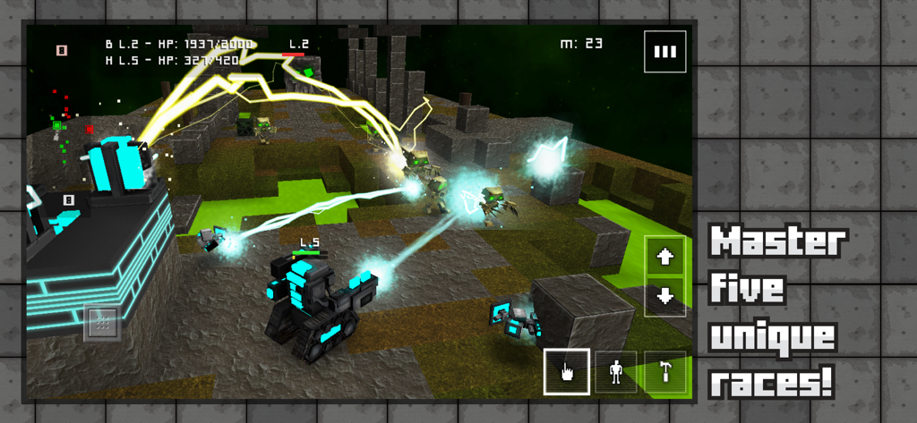 블록 모양의 로봇 유닛과 방어 구조물이 등장하는 Block Fortress War의 택티컬 RTS 전투