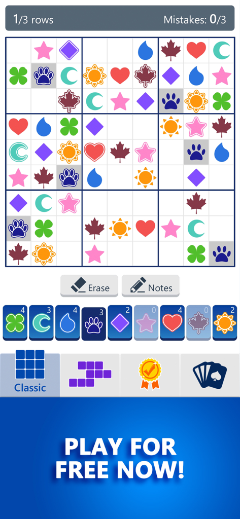 A Microsoft Sudoku puzzle grid using colorful symbols instead of numbers in the charms theme.