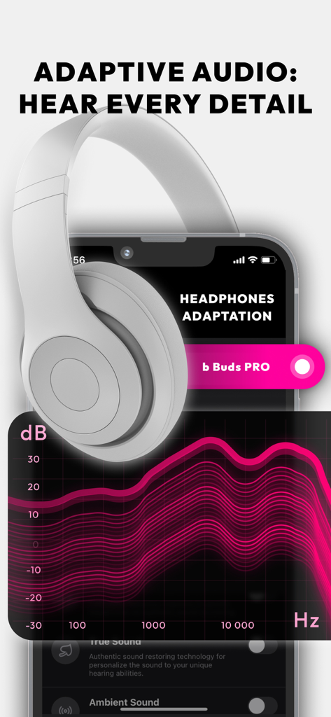 Una interfaz de smartphone que muestra configuraciones de adaptación de auriculares y un gráfico de respuesta de frecuencia rosa para la mejora del audio.