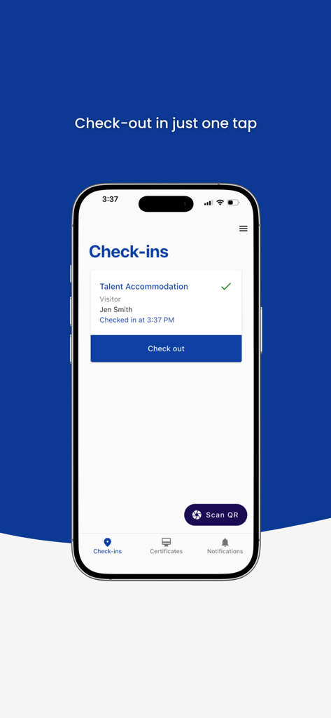 EVA Check-in | Visitor sign-in - EVA Check-in app interface showing a visitor check-in summary and a blue one-tap check-out button