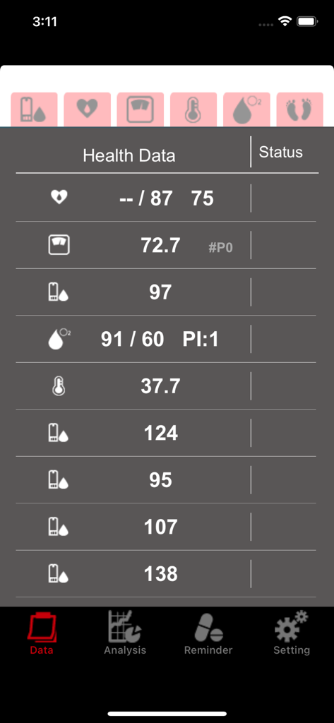 Healthy Check - Pantalla de datos de salud de la aplicación Healthy Check que muestra constantes vitales como frecuencia cardíaca, peso, niveles de glucosa y saturación de oxígeno.