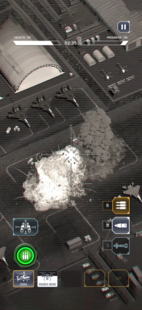 Air Commander: AC-130 Shooter - Vista aérea en visión térmica de un ataque de un avión de combate AC-130 a un aeródromo militar con una gran explosión.