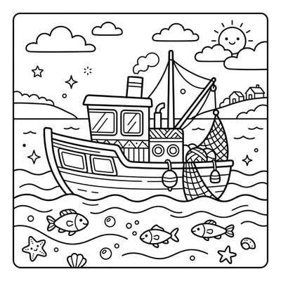 Dive into an exciting sea adventure with this charming fishing boat coloring page, designed especially for young explorers. This printable features clear outlines and fun ocean elements perfect for little hands to color.