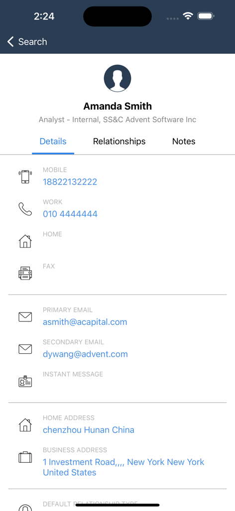 Screen displaying the contact information for a research analyst including phone numbers emails and business address in the Tamale RMS app