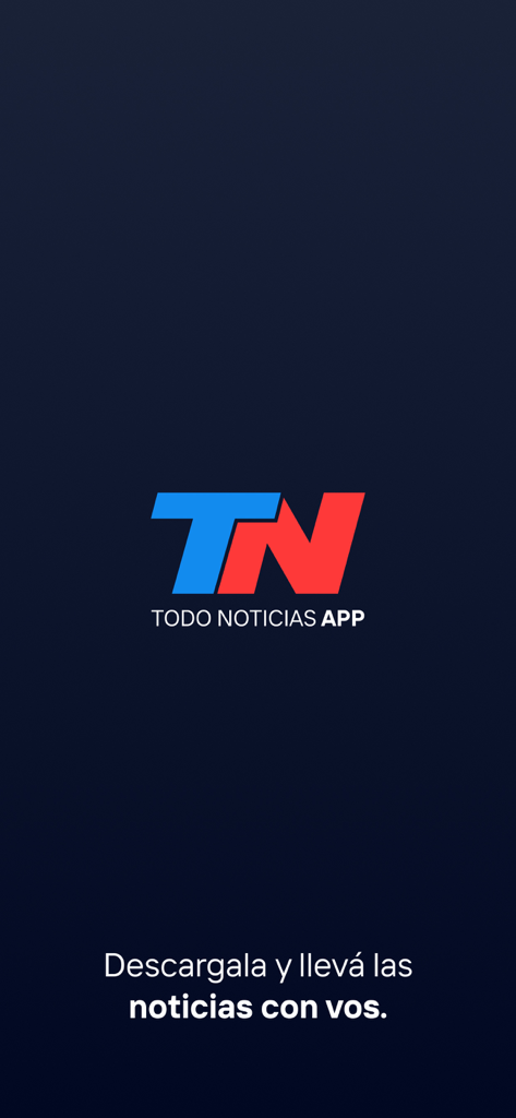 Pantalla de presentación de la app TN Todo Noticias con logo azul y rojo y eslogan en español