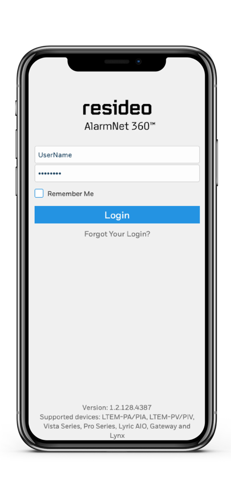 Pantalla de inicio de sesión de AlarmNet 360 para instaladores de seguridad profesionales