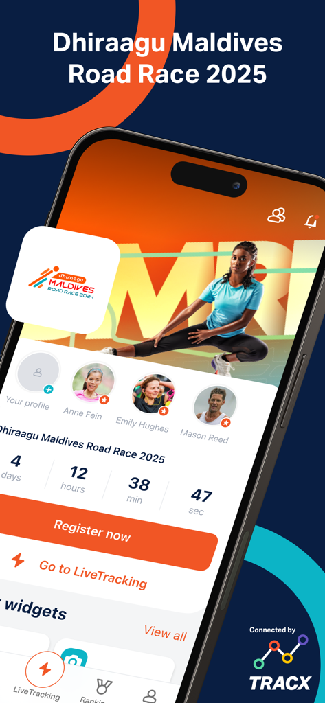 DMRR - DMRR app home screen showing registration button countdown timer and participant profiles