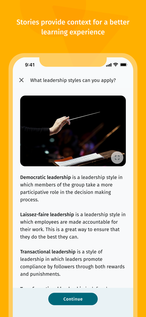 Drillster - Drillster App-Bildschirm zur Erklärung von Führungsstilen für die berufliche Weiterbildung mit einem Bild eines Orchesterdirigenten.