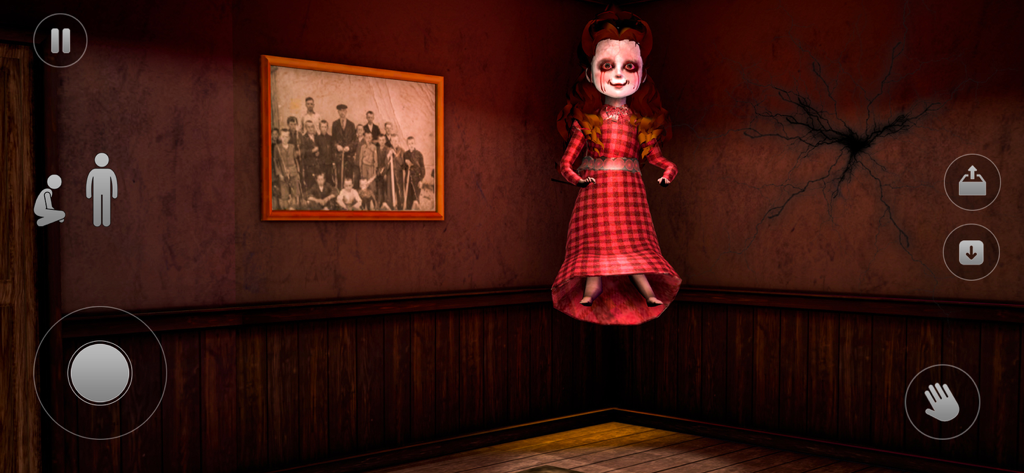 Scary Doll Horror House Game - Creepy doll with glowing red eyes floating in a dark haunted room in Scary Doll Horror House Game
