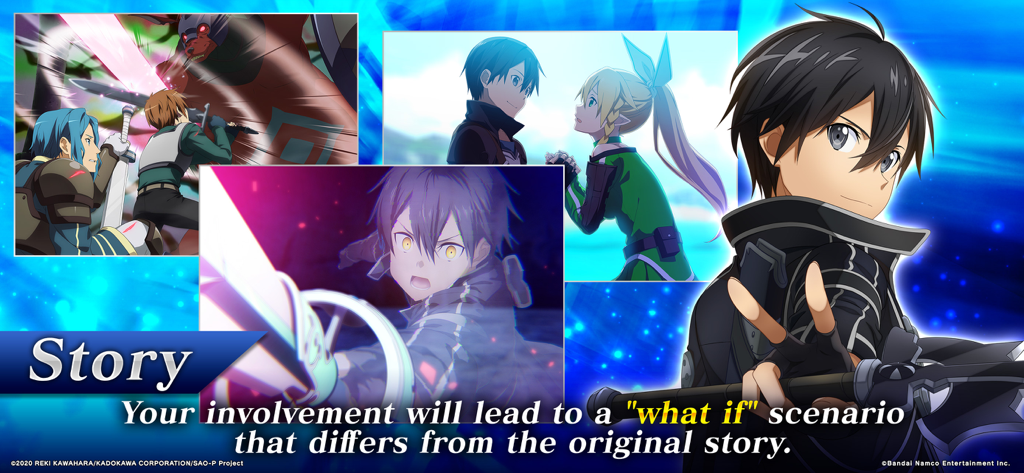 A promotional image for Sword Art Online Integral Factor showcasing the alternative what-if story scenarios featuring Kirito and other anime characters