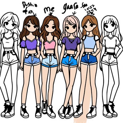 a group of girls wearing crop tops and shorts