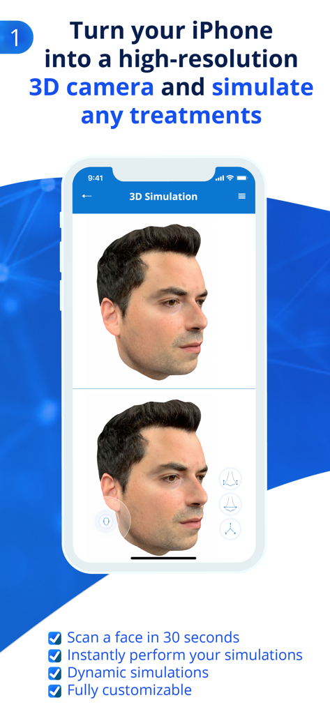 NextMotion 3D - 미용 의료 시술을 위한 3D 얼굴 시뮬레이션을 보여주는 스마트폰