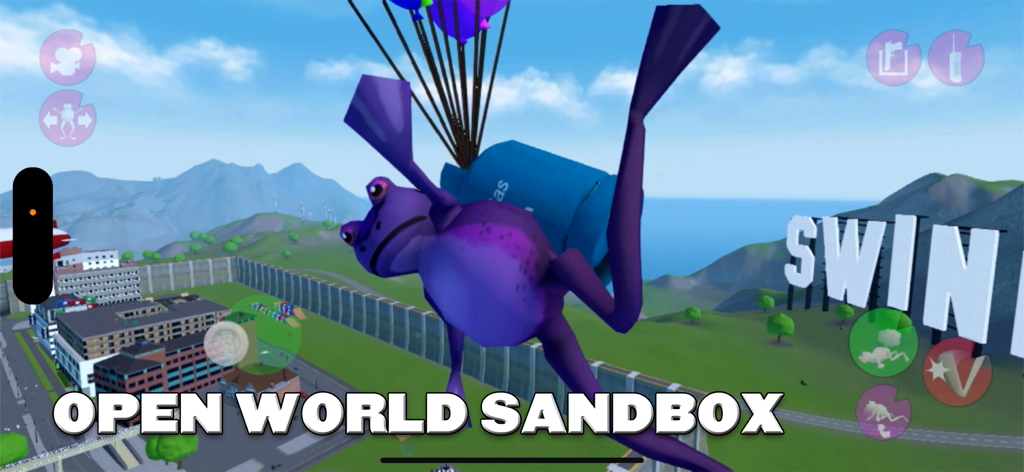 Amazing Frog? - A purple frog character flying with balloons over an open world city