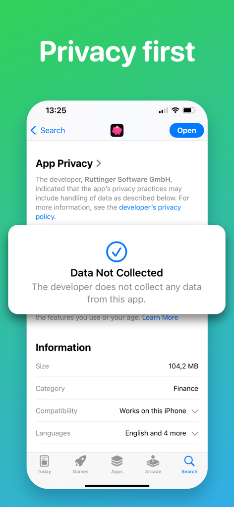 Screenshot of the App Store showing Today's Budget app privacy section with the message Data Not Collected and Privacy first header.