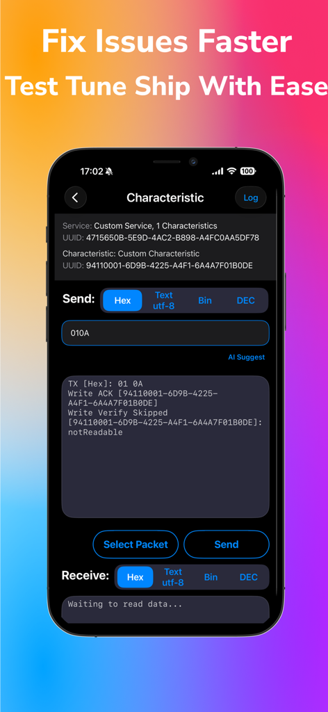 Bluetooth Explorer:AI Terminal - Interface of Bluetooth Explorer AI Terminal showing BLE characteristic debugging with data transmission logs and hex input options