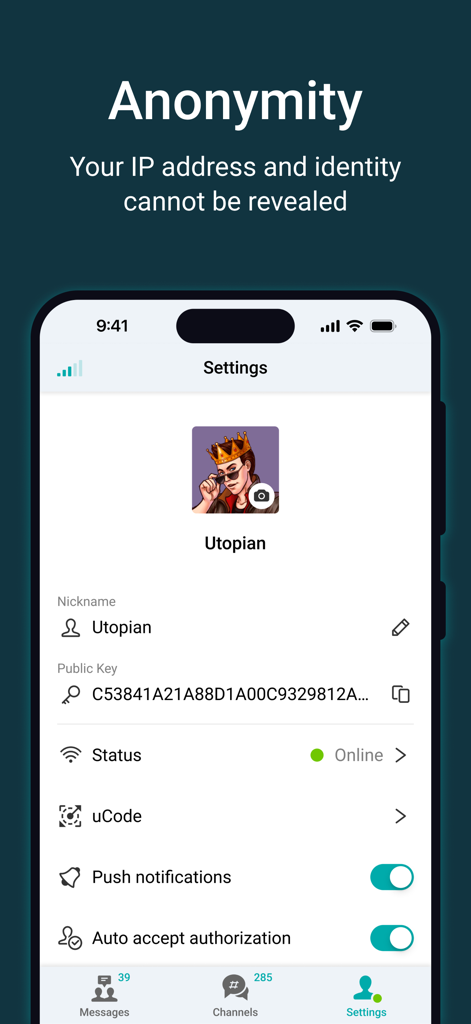Utopia — Private Messenger - Utopia messenger settings interface showing user profile public key and anonymity options