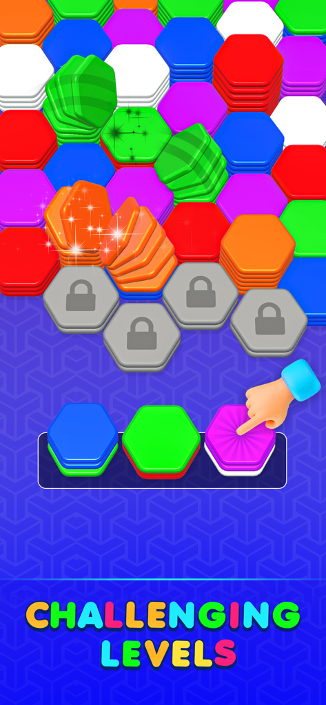 Hexa Sort Merge: Stack Colors - Hexa Sort Merge のゲームプレイ画面。カラフルな六角形のスタックと、挑戦的なレベルというテキストが表示されたロックされたスロットを示しています。